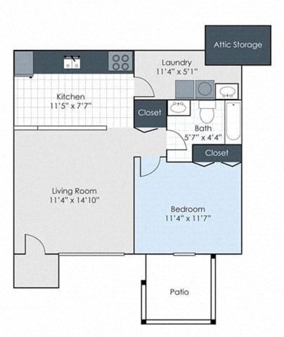 Floor plan for 1 bed, 1 bath, 576 sqft